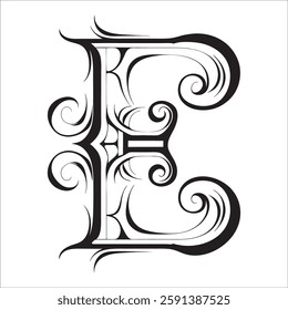 Elegant Ornate Letter Design with Intricate Swirls and Flourishes in Black and White – Tribal, Baroque, and Calligraphic Typography Art.