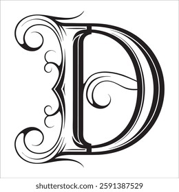 Elegant Ornate Letter Design with Intricate Swirls and Flourishes in Black and White – Tribal, Baroque, and Calligraphic Typography Art.