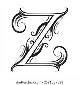 Elegant Ornate Letter Design with Intricate Swirls and Flourishes in Black and White – Tribal, Baroque, and Calligraphic Typography Art.