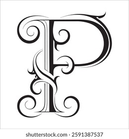 Elegant Ornate Letter Design with Intricate Swirls and Flourishes in Black and White – Tribal, Baroque, and Calligraphic Typography Art.