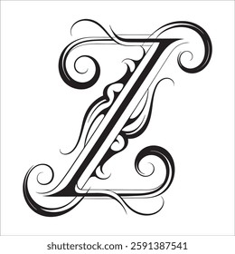 Elegant Ornate Letter Design with Intricate Swirls and Flourishes in Black and White – Tribal, Baroque, and Calligraphic Typography Art.