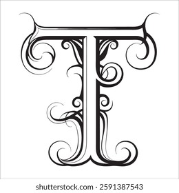 Elegant Ornate Letter Design with Intricate Swirls and Flourishes in Black and White – Tribal, Baroque, and Calligraphic Typography Art.