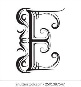 Elegant Ornate Letter Design with Intricate Swirls and Flourishes in Black and White – Tribal, Baroque, and Calligraphic Typography Art.