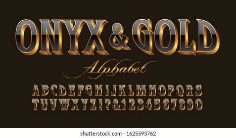 An elegant and ornate luxury alphabet with the appearance of black onyx stone set in gold 3d letters. Classy and expensive looking, this font evokes jewelry, watches, and refined
 luxury products.