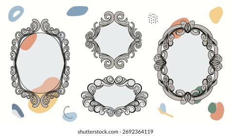 Elegantes molduras de espelho ornamentado com formas abstratas e cores suaves, perfeito para projetos de design, adicionando toque artístico