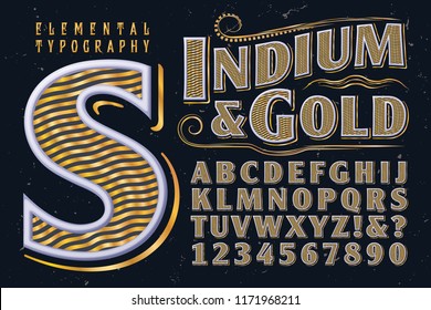 An elegant and ornate vector font with gold stripe effects. This alphabet would work well on labels and vintage style product packaging.