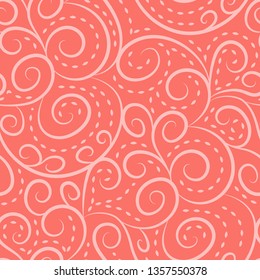 Elegant ornate vine swirls seamless vector pattern in living coral color. Texture look design for upholstery fabric, packaging, wrapping paper, wallpaper, graphic, web site background, apparel.