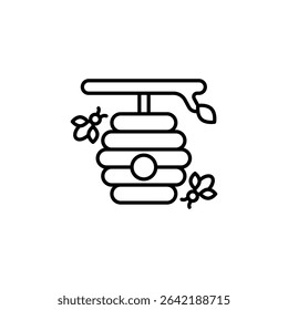 Elegant Outline Of Beehive With Bees And A Leaf Detail Vector