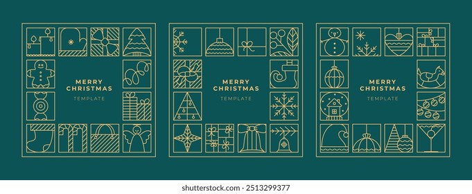 Navidades de contorno elegantes tarjeta cuadrada, invitación, Plantillas de póster. Línea simple de diseños de Vector de lujo de año nuevo.