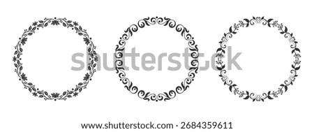 Elegant outline circular frame set. Round ornate border. Floral loop decorative edge. Vintage contour lace ring. Ornamental detailed wreath shape. Retro filigree vignette. Copy space symmetric emblem