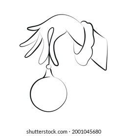 Elegant outline drawing Christmas ball and hand  vector illustration