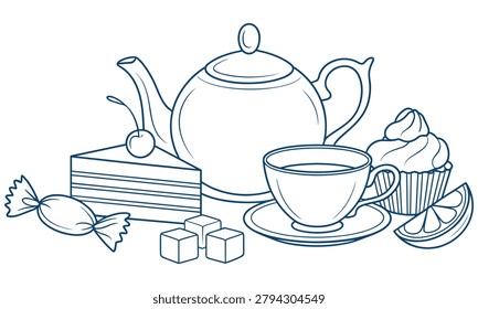 Elegant outline drawing featuring a ceramic teapot alongside a steaming teacup plus sweet dessert cake and a sugary cupcake treat