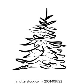 Elegant outline drawing of pine tree. Vector illustration. 