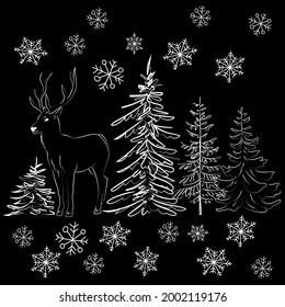 Elegant outline drawing of pine tree, deer, seamless pattern. Vector illustration. 