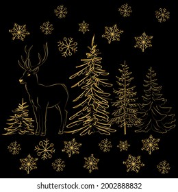 Elegante esquema de árbol de pino, ciervo, patrón sin fisuras. Ilustración vectorial.