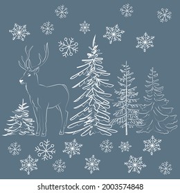Elegant outline drawing of pine tree, deer, seamless pattern. Vector illustration. 