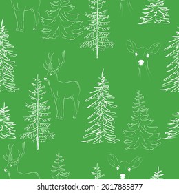 Elegant outline drawing of pine tree seamless pattern. Vector illustration.