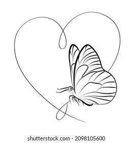Elegant outline heart with butterfly. Vector illustration card.