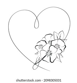Elegant outline heart with flowers. Vector illustration card.