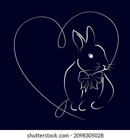 Elegant outline heart with rabbit. Vector illustration card.