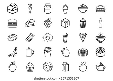 Elegant Outline Icons Featuring Food and Drink Essentials Including Snacks, Beverages, and Desserts