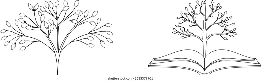 Elegant outline illustrations of trees symbolizing growth knowledge and education concepts