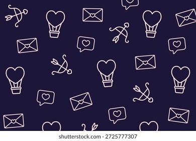Elegante padrão de contorno de setas cupidas, cartas de amor e balões de ar em forma de coração em fundo azul profundo. Perfeito para elegantes artigos de papelaria Valentine, fundos digitais e marca romântica.