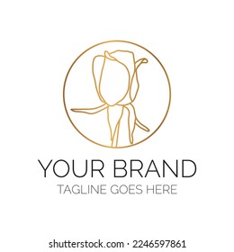 Elegant Outline Rose Flower Logo. Round Floral Emblem