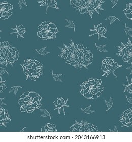 Elegant outline sketching of peony flowers, seamless pattern