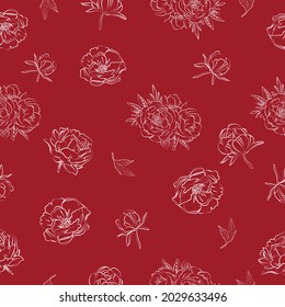 Elegant outline sketching of peony's flowers, vector illustration, seamless pattern