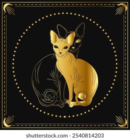 Elegant outline of two intertwined cats, one black and one golden, set against a striking black background with decorative borders