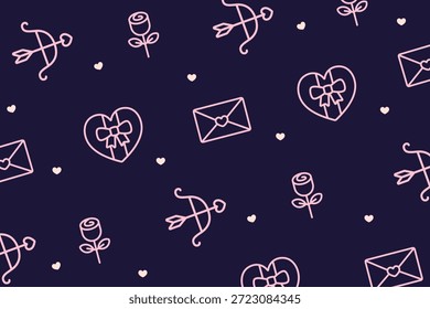 Elegante esboço Valentine padrão com setas cupido, cartas de amor, rosas, e em forma de coração caixas de presente em azul profundo. Ótimo para embalagens premium com tema de amor e impressões sazonais elegantes.