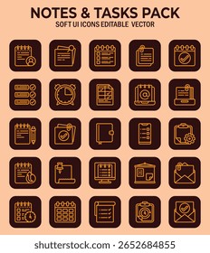 Elegant outline vector icons set for notes and tasks management, showcasing minimalist ui design elements for