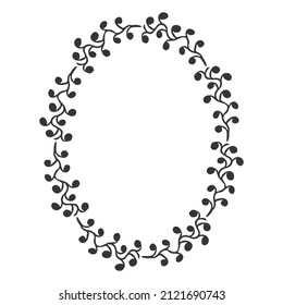 Elegant oval floral frame, border silhouette in hand drawn doodle style isolated on white background. Wreath decoration, delicate clip art
