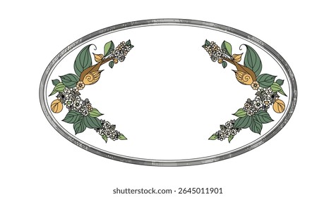 Elegant Oval Floral Frame Vector Design with Leafy Branch Accent Illustration