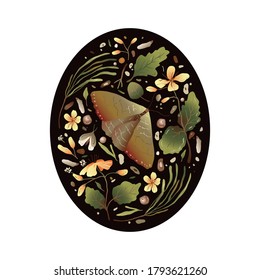 Elegant oval forest moth and celandine flower vector nature greeting card.  Beautiful butterfly natural illustration for t-shirt print.