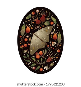 Elegant oval forest moth vector nature greeting card.  Beautiful butterfly natural illustration for t-shirt print.