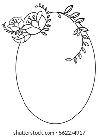 Elegant oval frame with contours of flowers. Copy space. Vector clip art.