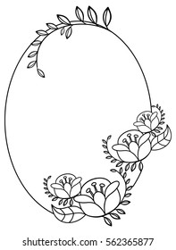 Elegant oval frame with contours of flowers. Copy space. Vector clip art.