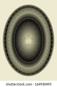 Elegant oval frame with transparent patterns and heraldic lily. 