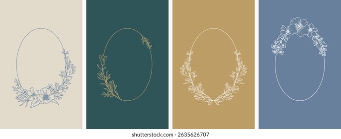 Elegante ovale Rahmen oder Kranz mit handgezeichneten Blumen und Blättern, Linie Stil Design Vorlage. Vektorkunst für Hochzeitseinladung, Grußkarte, speichern Sie das Datum, Etikett, Branding, Monogramm, Logo