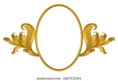 Elegant oval gold frame with baroque floral decoration. Vintage ornate border, ideal for invitations, luxury templates, antique cards, decorative monograms. Premium golden design for stylish and class