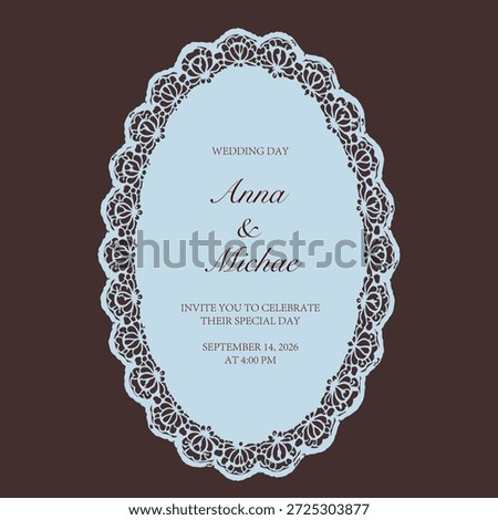 Elegant oval lace frame with decorative cutout paper swirl border, romantic wedding invitation or save the date card template, vintage ornamental label, vector illustration.