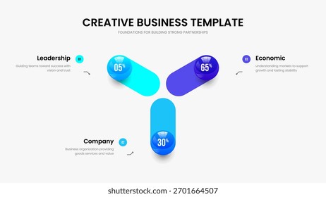 Elegante Visão geral Apresentação de slides Design Vetor Illustration. Modelo de Quadro de Infográfico de Elemento do Portfólio Empresarial 3. Layout da apresentação do diagrama de três opções da mostra do produto.