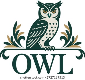 Elegant owl logo vector with decorative style representing wisdom, education, intelligence, and night vision, suitable for school, library, publishing, or creative branding.
