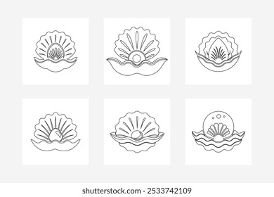 Elegante Oyster Line Art com elementos do oceano no fundo branco - Projeto costeiro minimalista