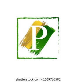elegant P gold and green splash grunge alphabet logo letter design creative vector icon template