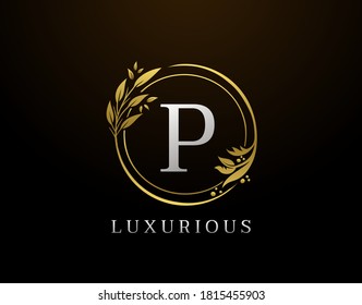 Elegante Letra P Diseño Floral. Icono del logotipo de Círculo de Lujo P Gold.