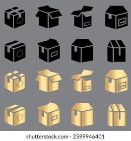 Elegant Package Icons Black and Gold Box Symbols for Shipping, Delivery, and Storage
