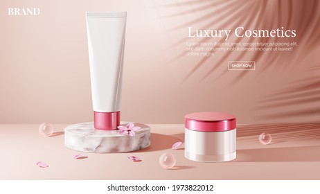 Elegant packaging on white marble cylinder podium, with cherry blossom petals, ball glass and shadow background in 3d illustration